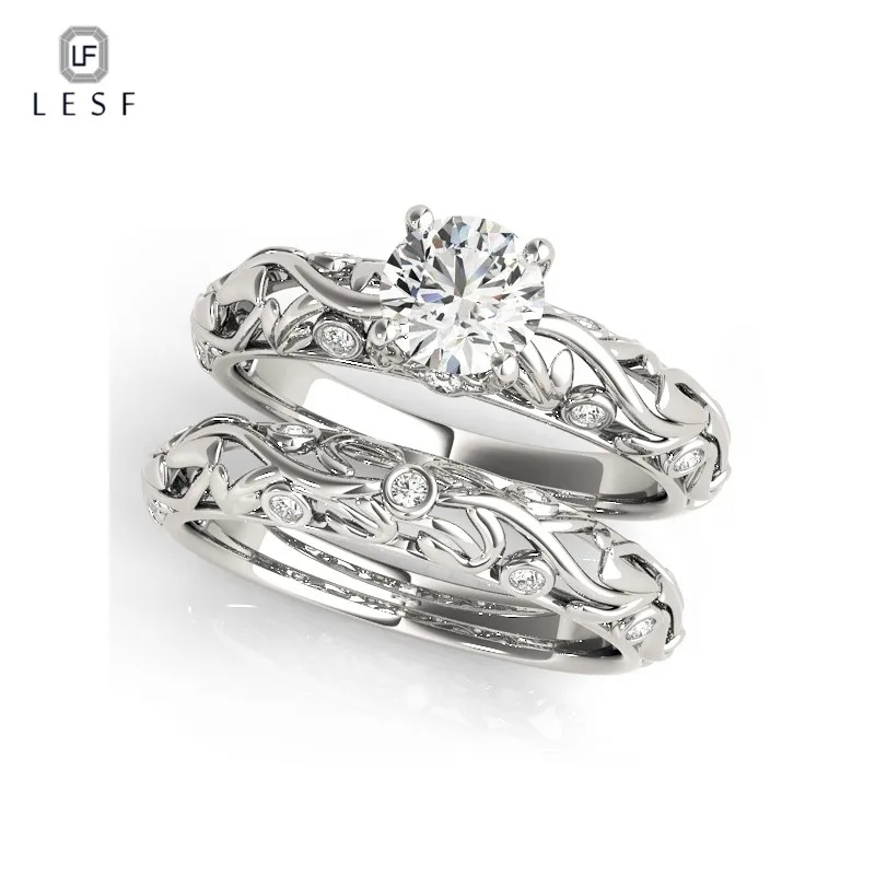 

LESF Unique Design Ring Sets 925 Sterling Silver Round Zircon Wedding Engagement Band Fashion Jewelry For Women High-end Jewelry