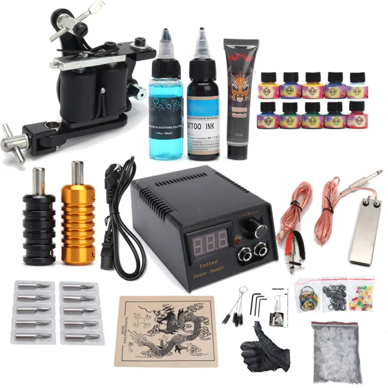 

Professional Tattoo Kit 10 Colors Tattoo Ink Sets Machines Gun Black Power Supply Needles Permanent Make Up Body Tattooing Art