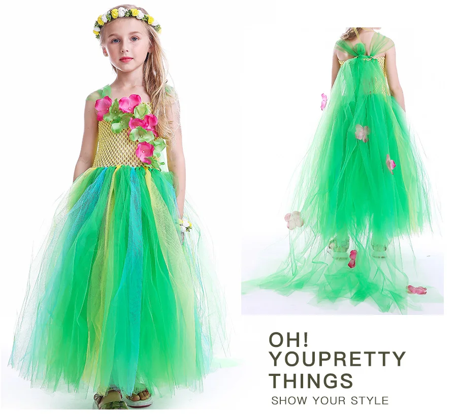 Green Flower Girls Elsa Tutu Dress Purim Cosplay Halloween Costume Kids Birthday Party Dresses Fever Inspired Handmade Dress (8)