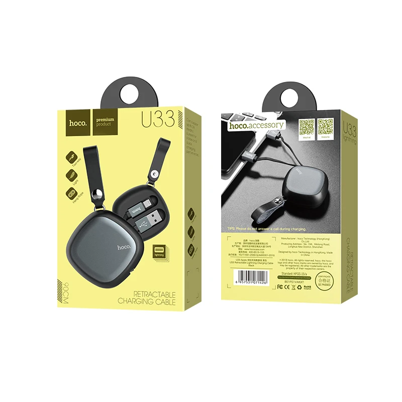 HOCO carcasa de aluminio de diseño portátil Mini Cable USB para Apple teléfono enchufe Cables de carga para iphone X XS X Max XR 8 7 6 s Plus, ipad