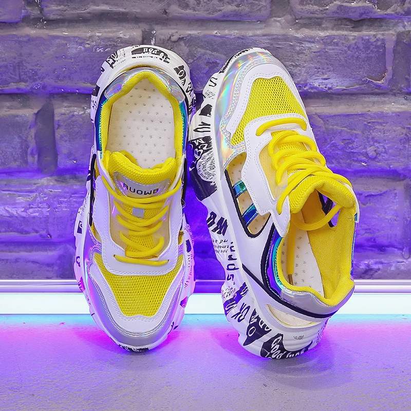 

women summer breathable air mesh sneakers high platform hollow out mix color casual summer shoes woman flat yellow shoes