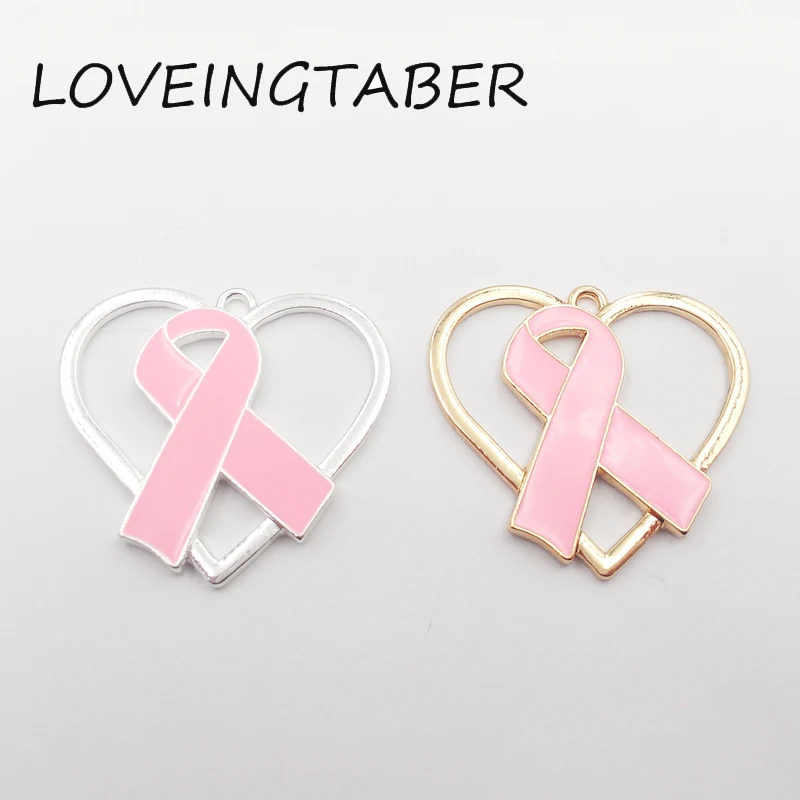 

( Choose Color First )Newest 40mm*38mm 10pcs /lot Full Enamel Pink Ribbon Breast Cancer Awareness Pendant For Neckalce Making