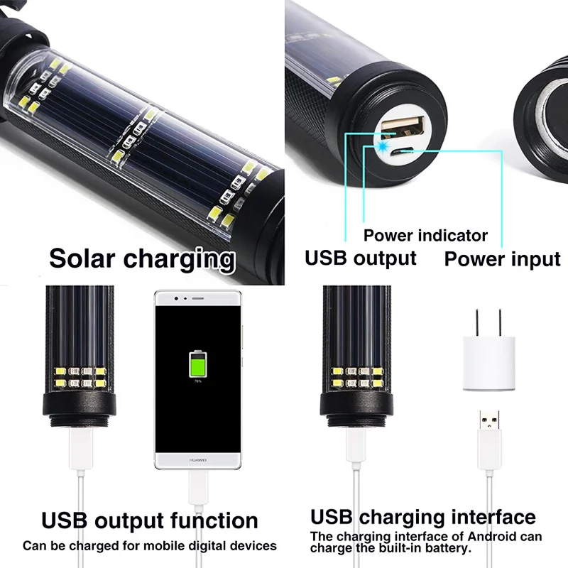 EZK20 дропшиппинг светодиодный фонарик Солнечный USB Перезаряжаемый Тактический Многофункциональный фонарь Автомобильный аварийный инструмент компаса