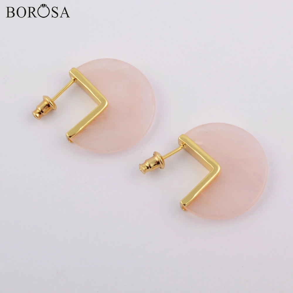 Женские серьги гвоздики BOROSA из натуральной розы Розовый кристаллический кварц