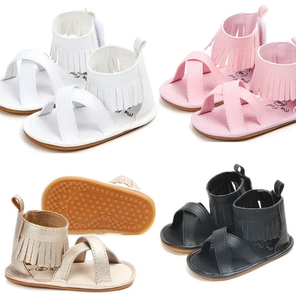 Детские сандалии для маленьких мальчиков и девочек; однотонные Нескользящие туфли с кисточками; подошва; малыши, которые ползают Shoes0-18M