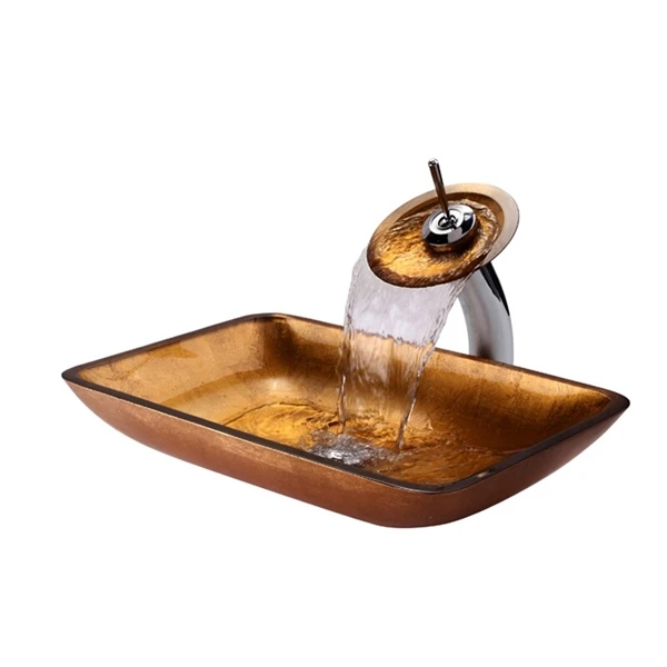 Rectangular Tempered Glass Vessel Sink With Waterfall