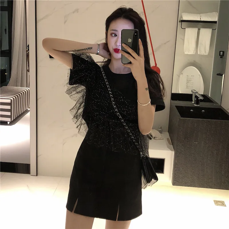 الصيف المرأة شبكة خياطة قصيرة الأكمام تي شيرت ضئيلة قصيرة غير النظامية القميص المفتوح القاع شبكة خياطة الأسود الأزياء تيز