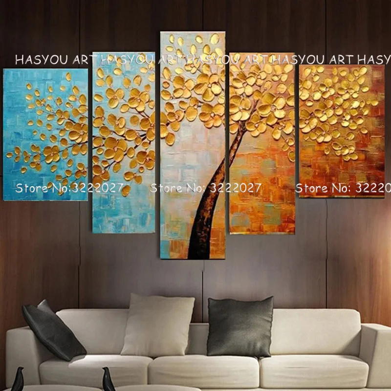 

5Pcs Money golden Romantic Painting Pure Hand painted art Modern Home Wall Art Picture Oil Painting For Wedding Decoration