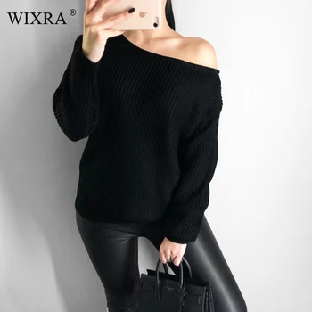 

WIXRA 2018 New Women Sweaters And Pullovers Knitted Women's Sweater Slash Neck Knitwear Long Sleeve One Shoulder Sweaters AW091