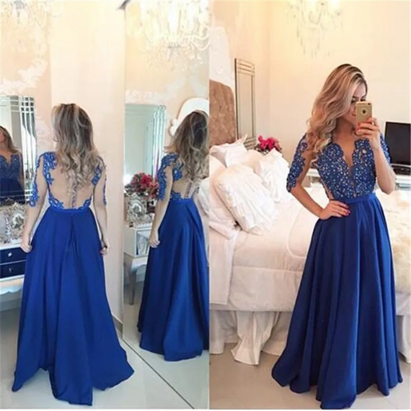Top Quality Royal Blue Sheer Lace Appliques Long Prom Dresses 2019 Half Sleeve Backless Floor Length Party Dress Vestido De Gala satin prom dress