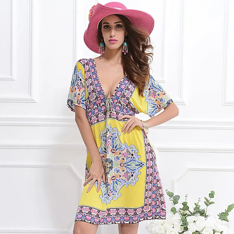 2018 Summer Dress V Lead Sexy Milk Silk Mini Dress Will Code Sandy Bohemian Beach Dresses Casual Clothes For Women Short Sleeve