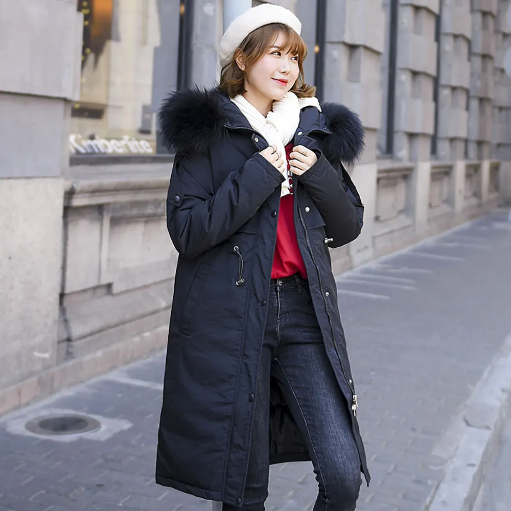 PinkyIsBlack зимняя женская парка коллекция длинное женское плотное пальто большой меховой воротник с капюшоном зимняя женская теплая куртка пальто - Цвет: Черный