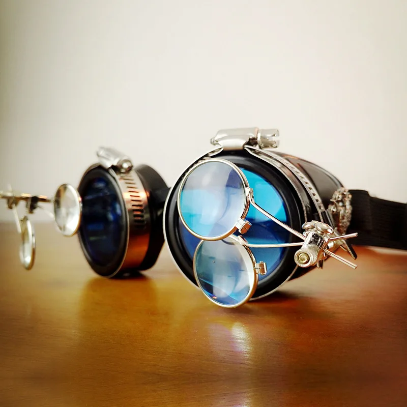 Для женщин/мужские черные Пластик металлические заклепки синий Стекло с двойной линзы стимпанк очки ветрозащитный зеркало панк очки