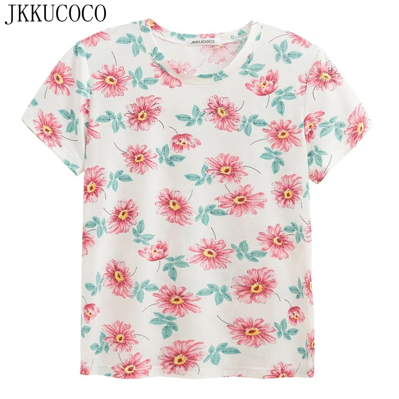 Buy JKKUCOCO Green Leaves Pink Flowers Print T shirts New Women t shirt Short