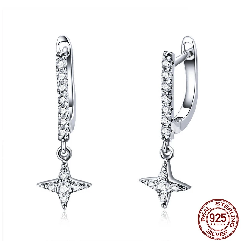 

Authentic 925 Sterling Silver Twinkling Star Geometric Drop Earrings for Women Luminous CZ Fashion Earrings solid silver Jewelry
