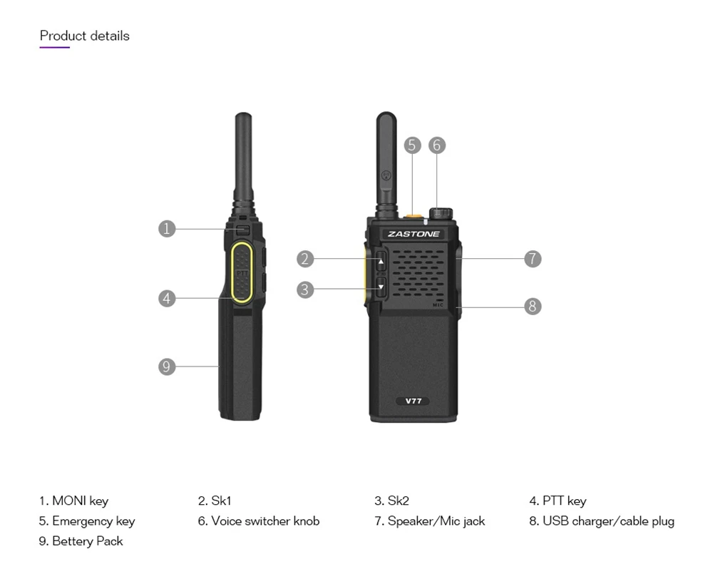 2 шт. Zastone V77 Мини Портативная рация 400-470 МГц UHF 16 каналов Мощное Портативное двухстороннее радио одна пара