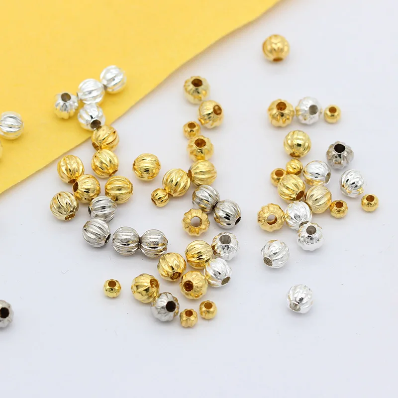

500p 3mm 5mm Silver gold plated Pumkin Round Stripe Loose spacer ball beads For bracelet necklace DIY jewelry making Metal beads