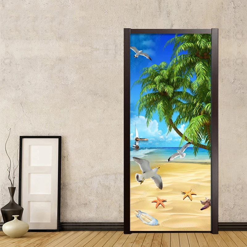 Self-Adhesive 3D Ocean Beach Sunshine Bedroom Door Murals Wall Sticker Decal