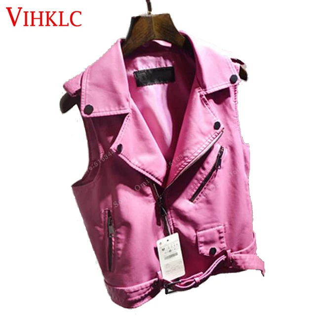 Pink Leather Vest Women PU Soft Vest Ladies tatical Leather Motorcycle