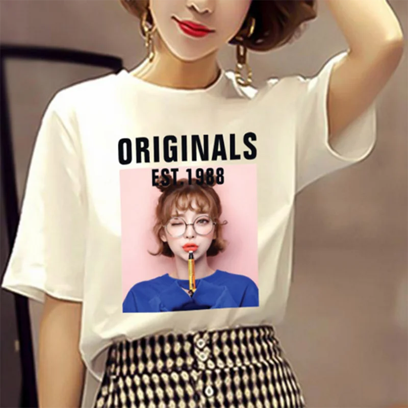 

2019 New Girls White T-shirt Women's Short-sleeved New Summer Loose Half-sleeved Shirt Casual Short Regular Print O-Neck Regular
