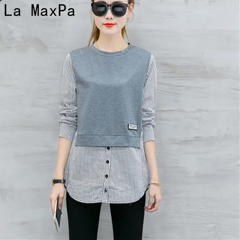 

LA MAXPA Blusas Spring Blouses Shirt Female Long Sleeve Casual Striped Patchwork Fake Two Pieces Women Blouses Loose Tops Blusas