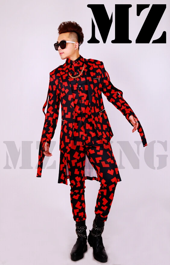 High Quality Mens New Bar Suit Nightclub Male Singer Dj Safflower Zipper Tape Apron Suits Stage Costumes Clothing 4-piece Set