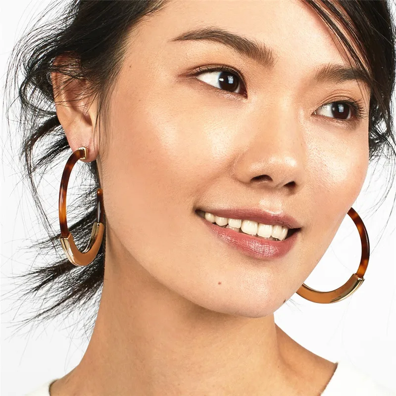 

4 Style Fashion Acetate Acrylic alloy Earrings Worn Gold Plating Leopard Tortoise Shell Circle Disc Earrings with Metal Bar