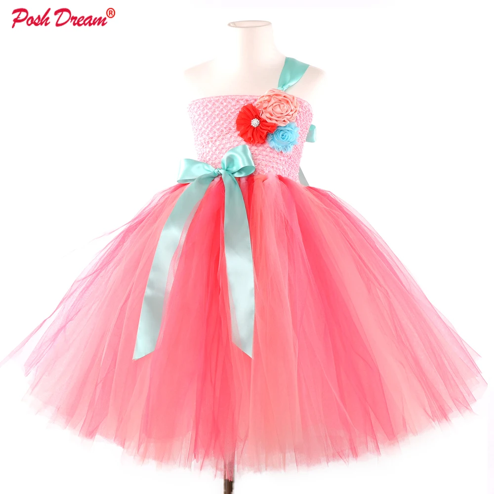 

POSH DREAM Coral Pink Flower Children Girls Wedding Party Dresses For Birthday Tulle Handmade Toddler Baby Girls Tutu Dresses