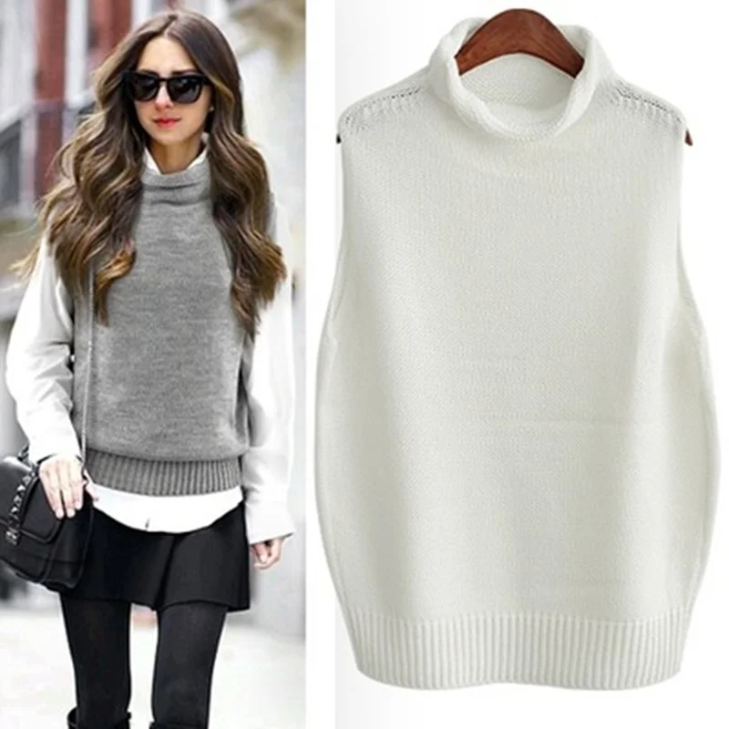 European Street Fashion Solid Color Women Vest Turtleneck Knitted Pullover Sweater Vests Wool 