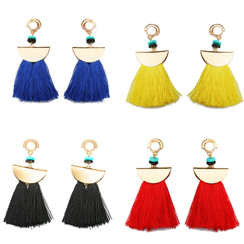 

Bohemian Boho Fan Sector Metal Connector Dark Blue Black Red Fabric Thread Tassel Half Round Dangle Tassels Earrings For Women