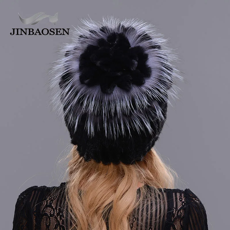 JINBAOSEN, настоящая норковая Меховая зимняя шапка, Женская Лоскутная шапка из меха кролика Рекс, женская теплая элегантная шапка из лисьего меха
