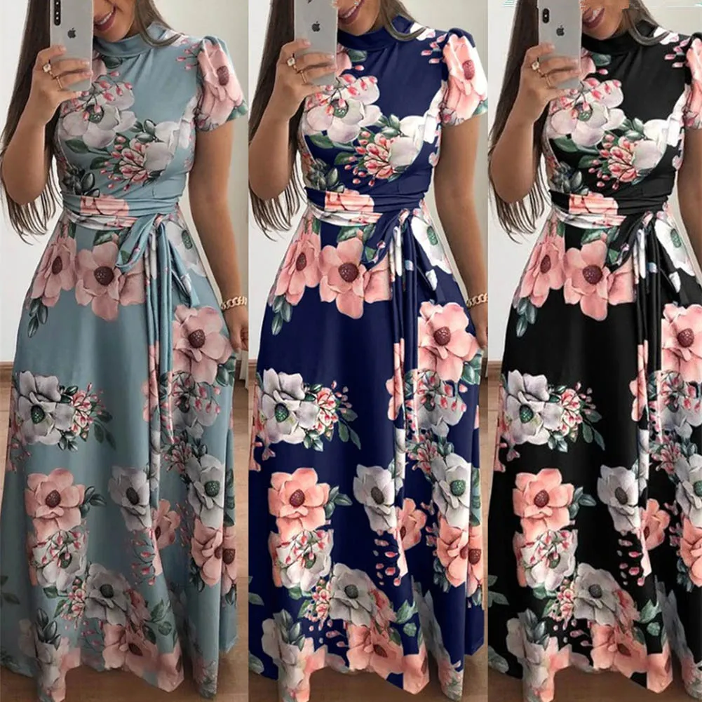 

Womens Floral Maxi Dress Short Sleeve Evening Party Summer Beach Long Dresses Printed Boho Sundress New Fashion Streetwear