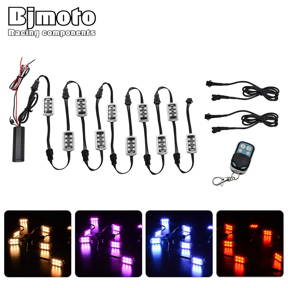 

BJMOTO 50W 12V 10 PODS RGB Rock Lights 60 LED Wireless Remote Control Motorcycle Accent Neon Style Light Kit IP67