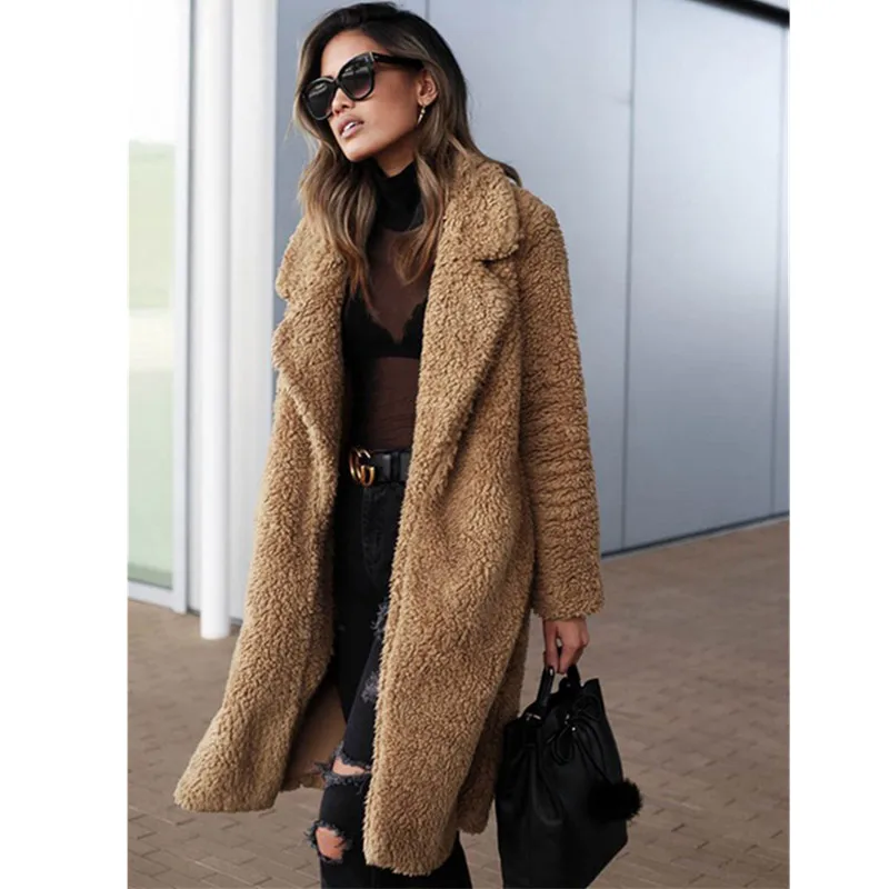 Office Lady Open Front Faux Fur Teddy Solid Long Coat 2018 Autumn Winter Women Coats Outerwear Jacket Jaqueta Feminina Plus Size