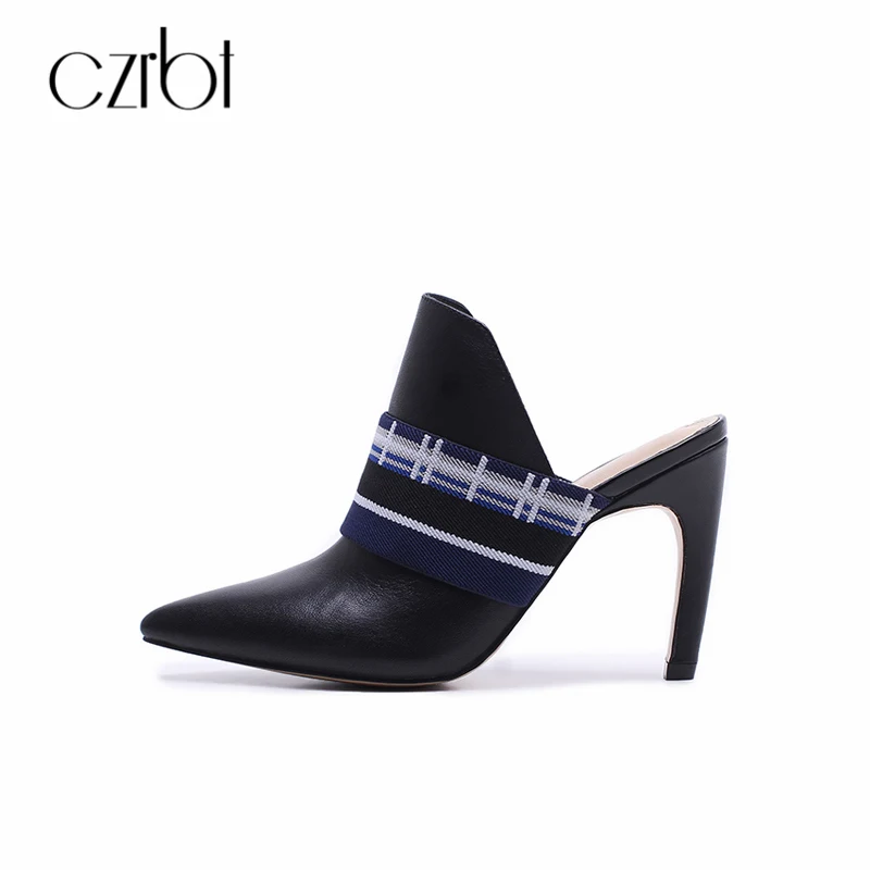 

CZRBT Women Sandals 2018 Summer Handmade Genuine Leather Shoes Leisure Mixed Colors Super High Heel Height 9CM Shallow Pumps