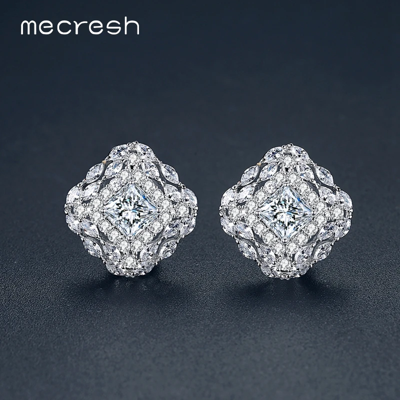 

Mecresh Cute Silver / Pink Square Stud Earrings for Women Simple CZ Small Christmas Earrings Wedding Engagement Jewelry MEH1136