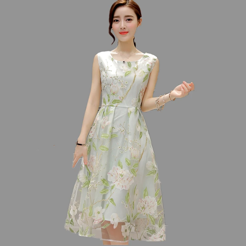 Новинка 2017 г. Платье без рукавов с рисунком органза маленький чистый и свежий