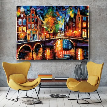 

Colorful Abstract Knife Landscape Cuadros Street Lake Art Posters and Prints Oil Painting on Canvas Wall Picture For Living Room