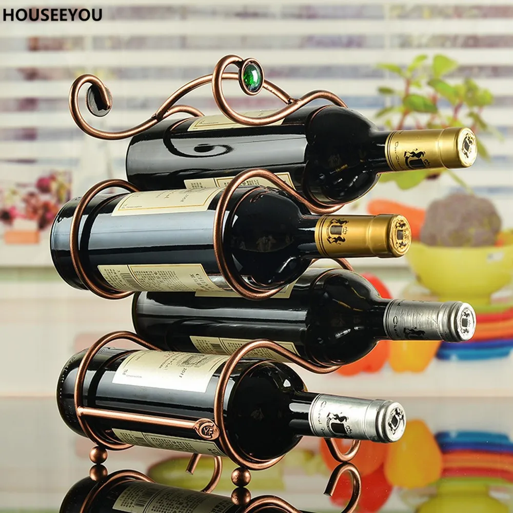 Metal Red Wine Rack 4 Bottles Scrollwork Bottle Holder Home Table