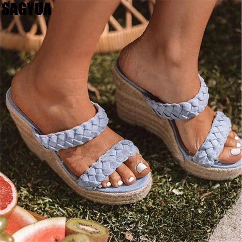 

Woman slipper Weaving platform open toe High heels ladies Twisted braid Thick bottom Slide shoes slip on women shoes Mujer Z189