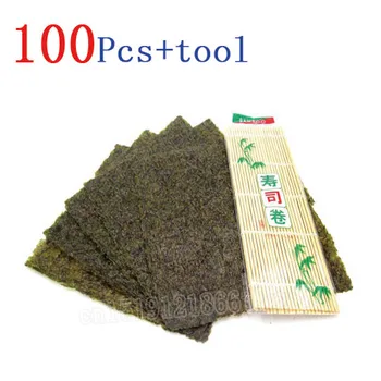 

100Pcs/Set Nori Seaweed +Bamboo rolling mats nori tool, Dried Nori Seaweed sushi food, Japanese alga nori sushi snack set