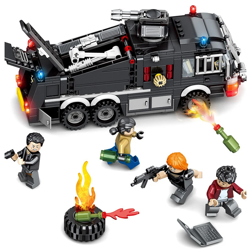 SWAT City Police Vehicle Building Blocks Sets Compatible LegoINGs Water Cannon Vehicle Bricks Playmobil Toys for Children