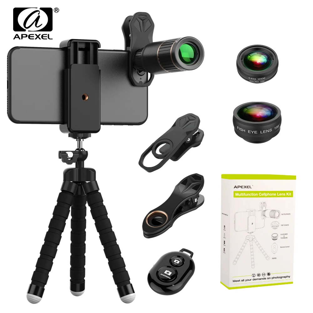 

APEXEL 16X Telescope Wide& Macro Lens For iPhone Samsung Monocular 15X Macro 198 Degree Fisheye for Samsung Huawei Xiaomi&Phones