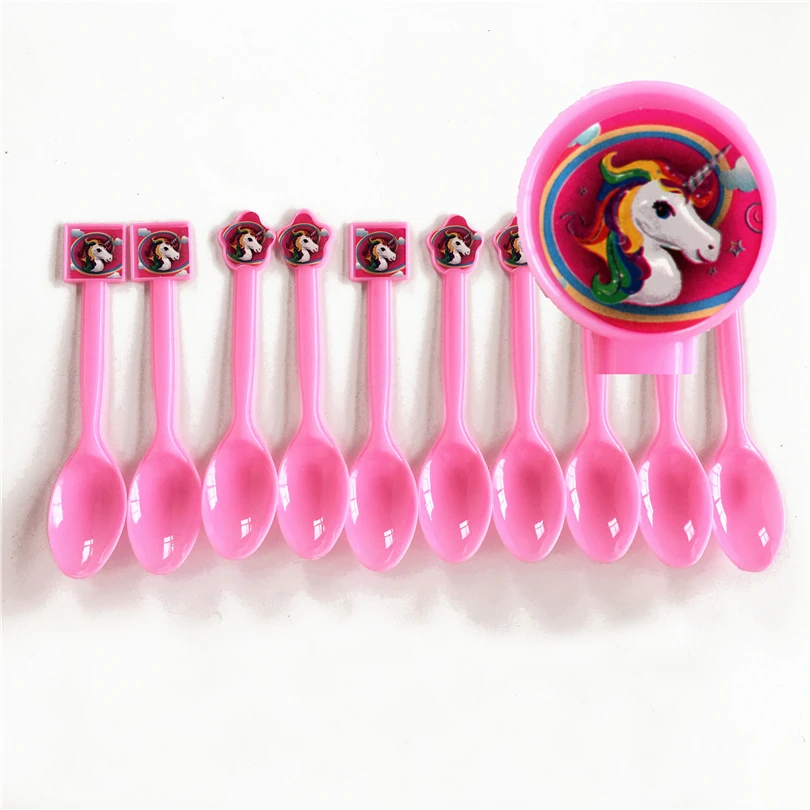 

10PCS Baby Shower Decoration Cartoon Unicorn Spoon Happy Birthday Party Kids Favors Pink Plastic Spoons Tableware Event Supplies