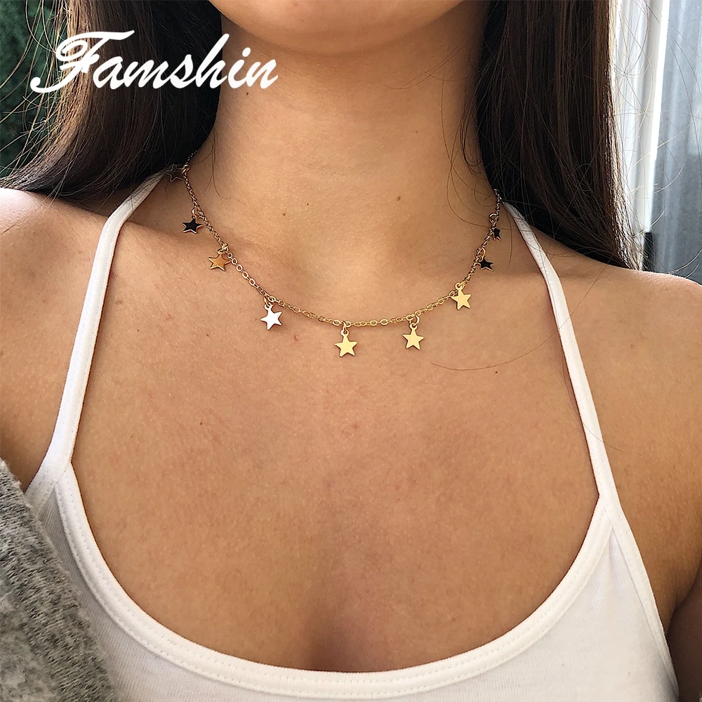 

FAMSHIN Fashion Women Jewelry Single Layers Necklace Gold Color Star Clavicle Chain And Personality Woman Necklace Fine Jewelry