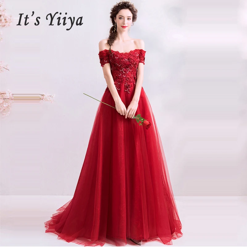 

It's Yiiya Evening Dress Lace Backless Robe De Soiree Short Sleeve Women Party Dresses 2019 Plus Size Crystal Evening Gowns E655