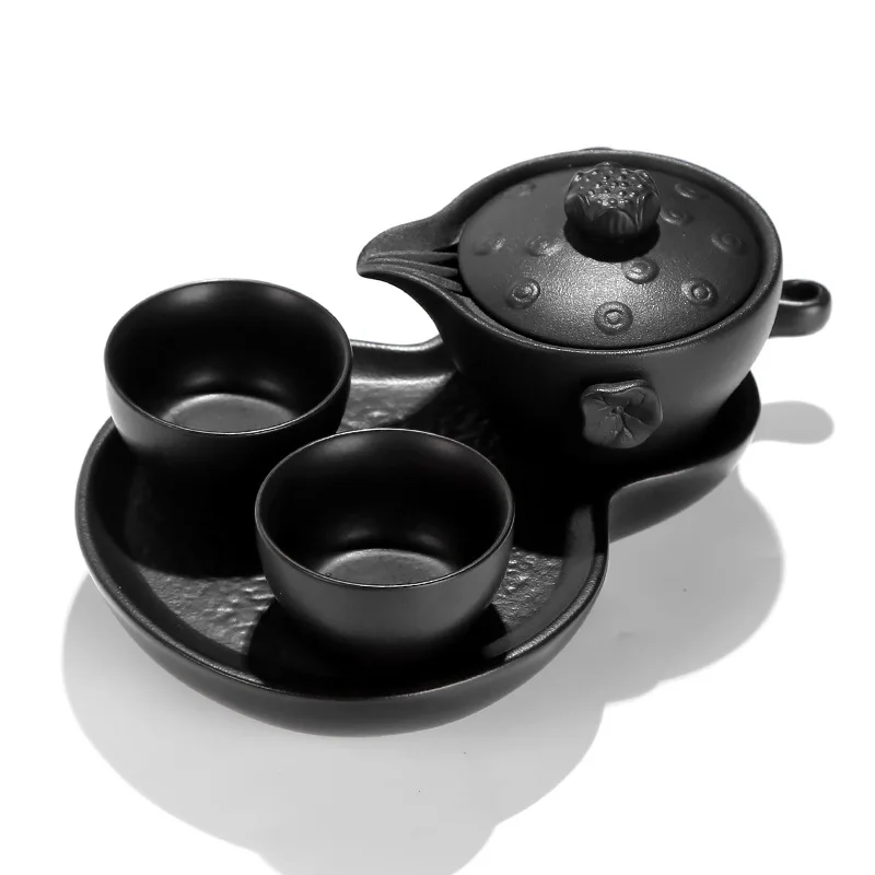  A pot of two cups of antique rough pottery with dry tea tray portable travel Kung Fu tea gift