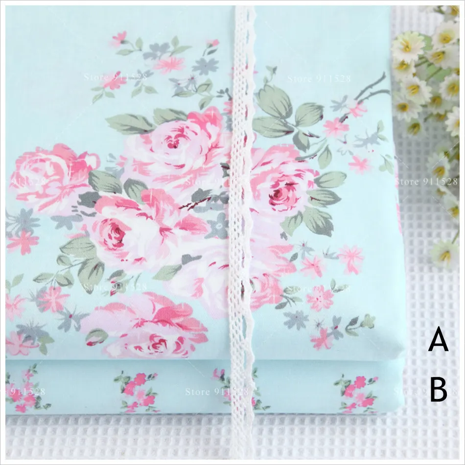 

Shabby Chic 100% Cotton Pink Victoria Roses in Light Blue Printed AB Fabric Patchwork Cloth Sewing Quilting Tissue