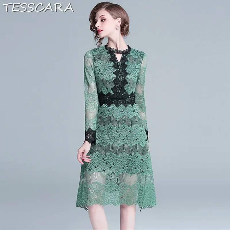 

TESSCARA Women Spring & Autumn Elegant Office Lace Dress Festa Female High Quality Designer Party Vestidos Vintage Robe Femme