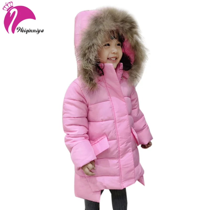 

Children Fur Hooded Coat For Girls New 2018 Winter Cotton Down Warm Toddler Girl Clothes Casual Long Zipper Jacket Outwears